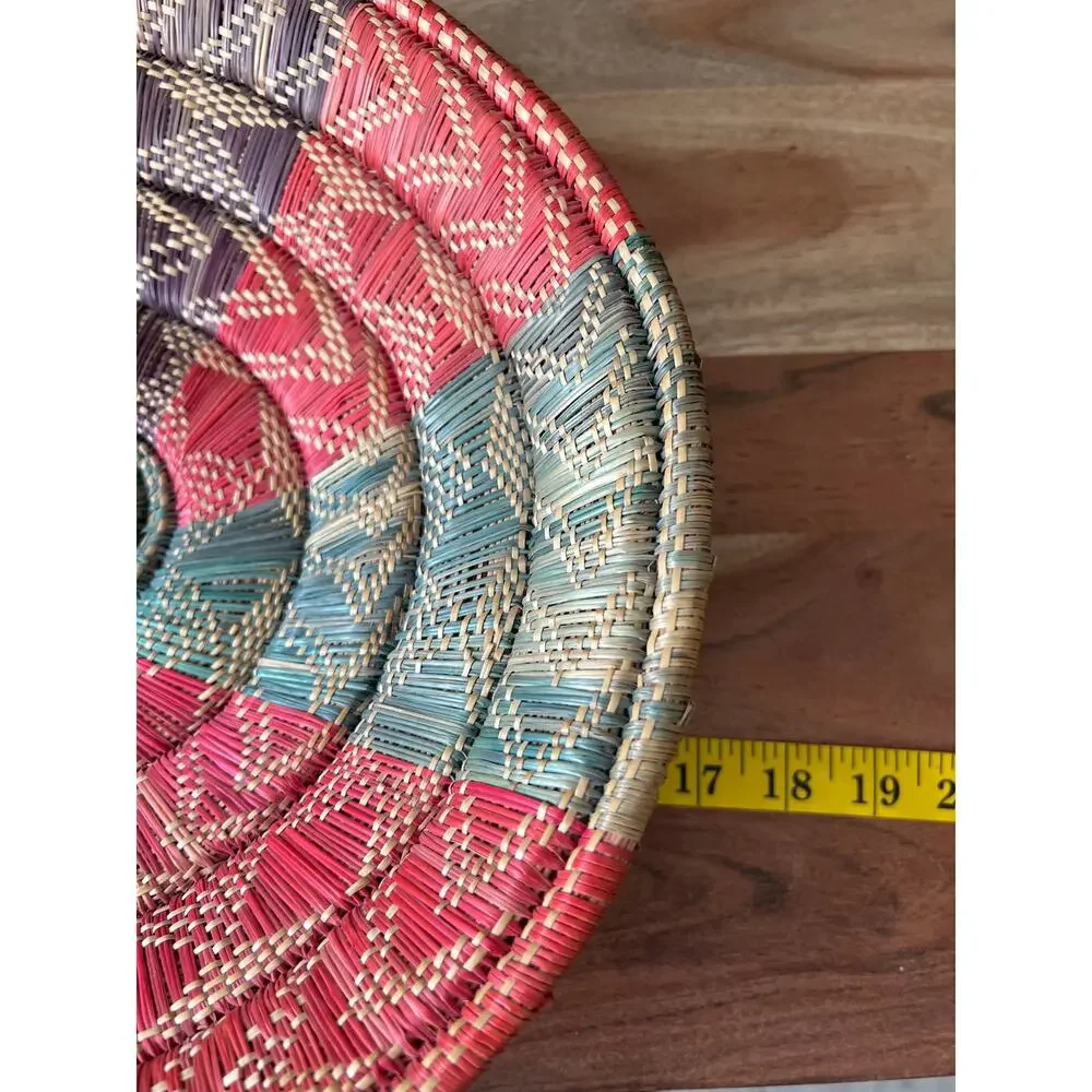 Colorful Vintage Boho Oval Hand Woven Basket Bowl Coiled African Footed Artisan